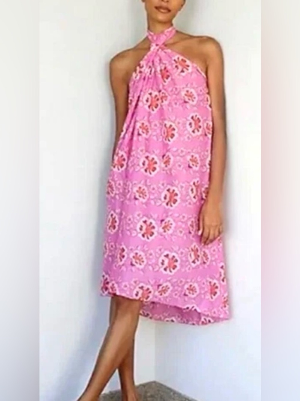 J. CREW Tie-Neck Halter Dress Swim Cover Pink Red Climbing Floral Print Size S